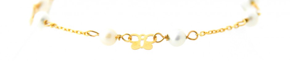 Bracelet bébé papillons et perles de culture – Or 750/1000 – 13,5cm