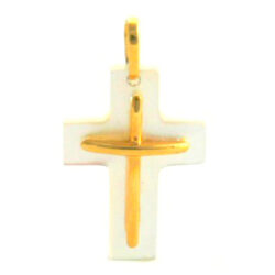 Croix latine en nacre blanc brillant et or jaune 750/1000