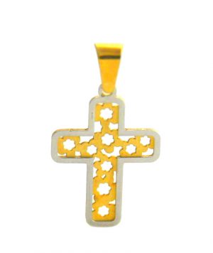 Croix latine bicolore ajourée - Or 750/1000