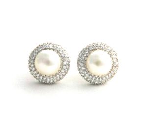 Boucles d’oreilles clip fausse demi-perle & oxydes de zirconium – Argent 925/1000