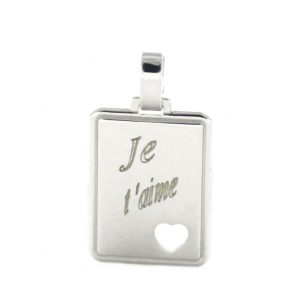 Plaque gravée Je t’aime au coeur ajouré en argent rhodié