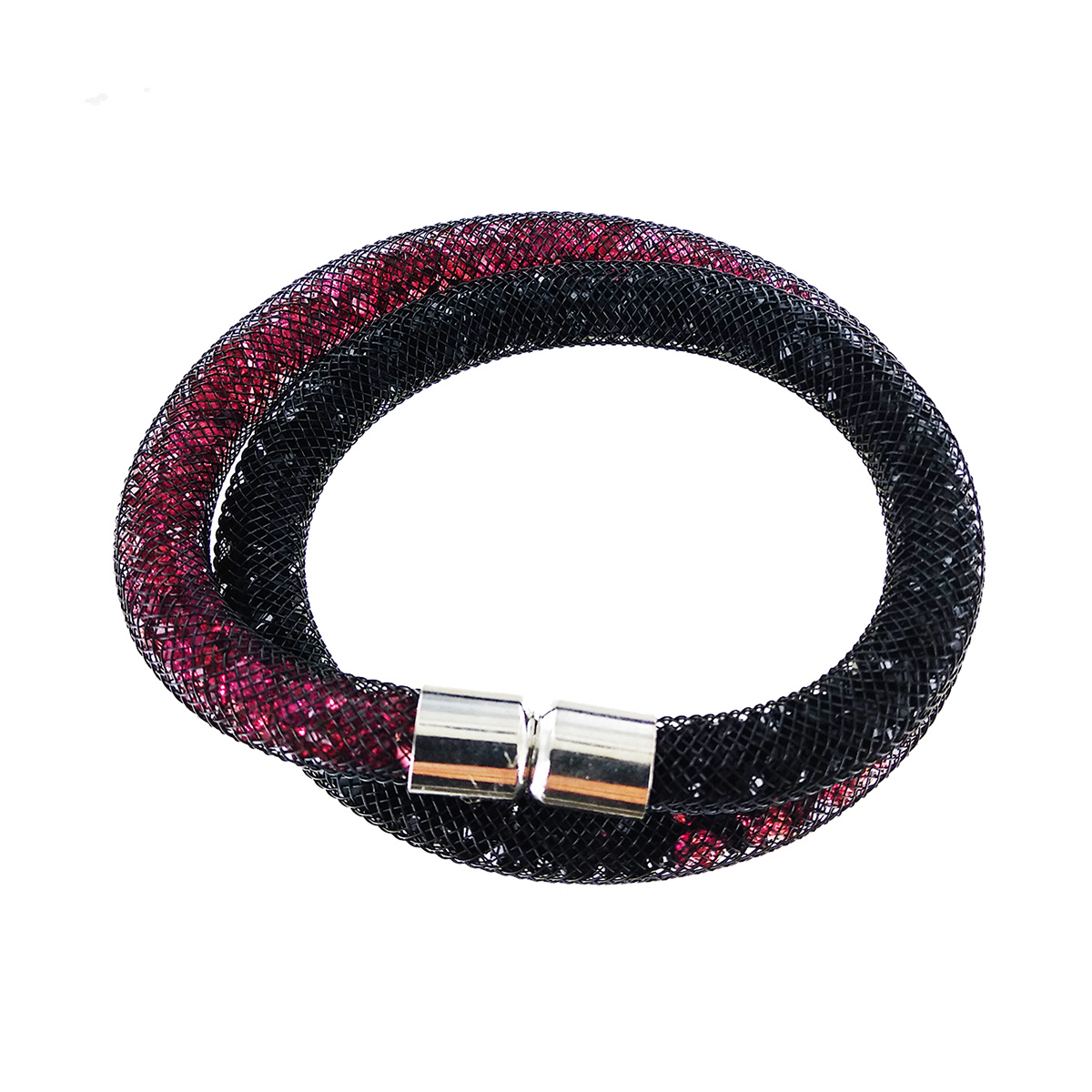 Bracelet Double Tour Tube Résille avec Cristaux Fushia/Noir