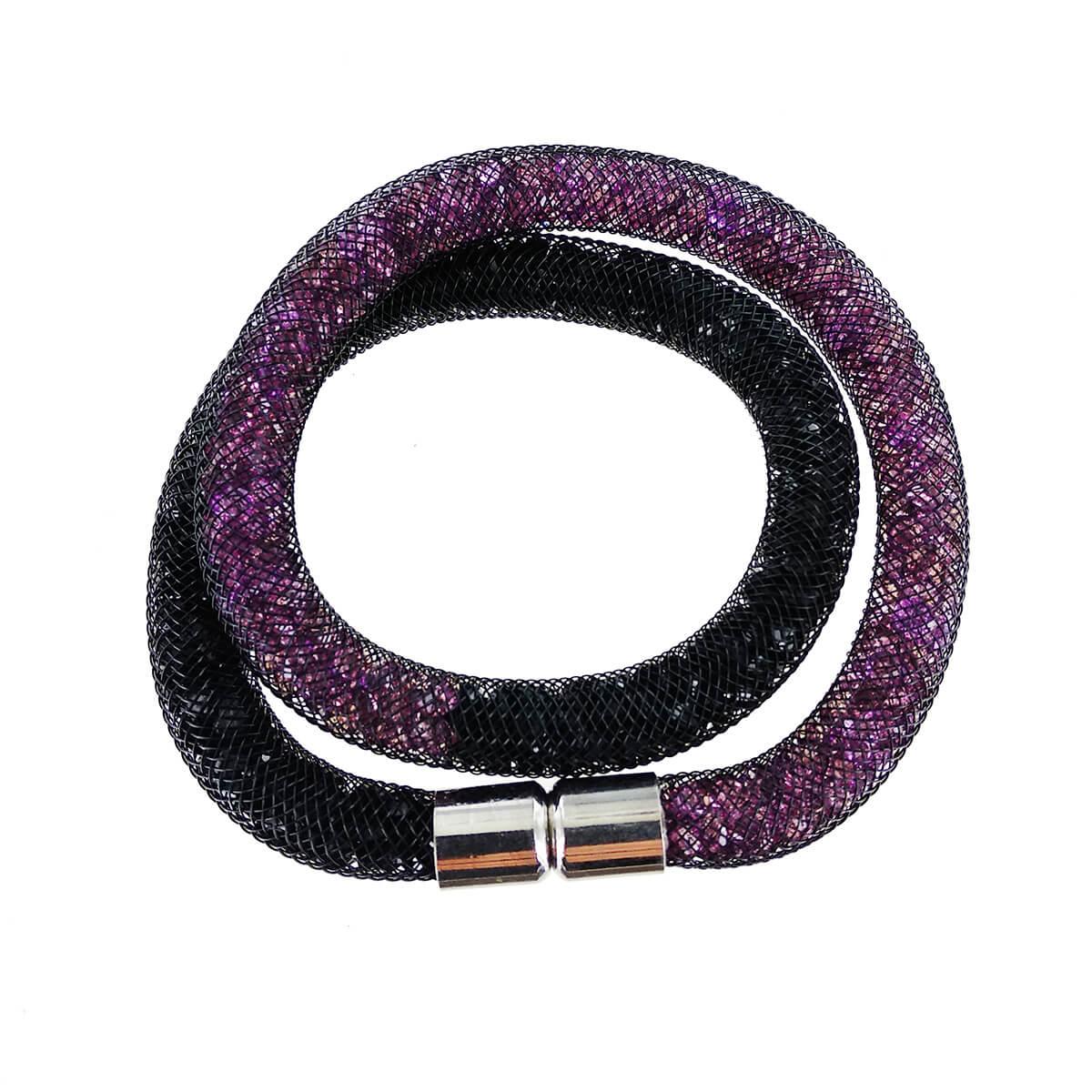 Bracelet Double Tour Tube Résille avec Cristaux Violet/Noir